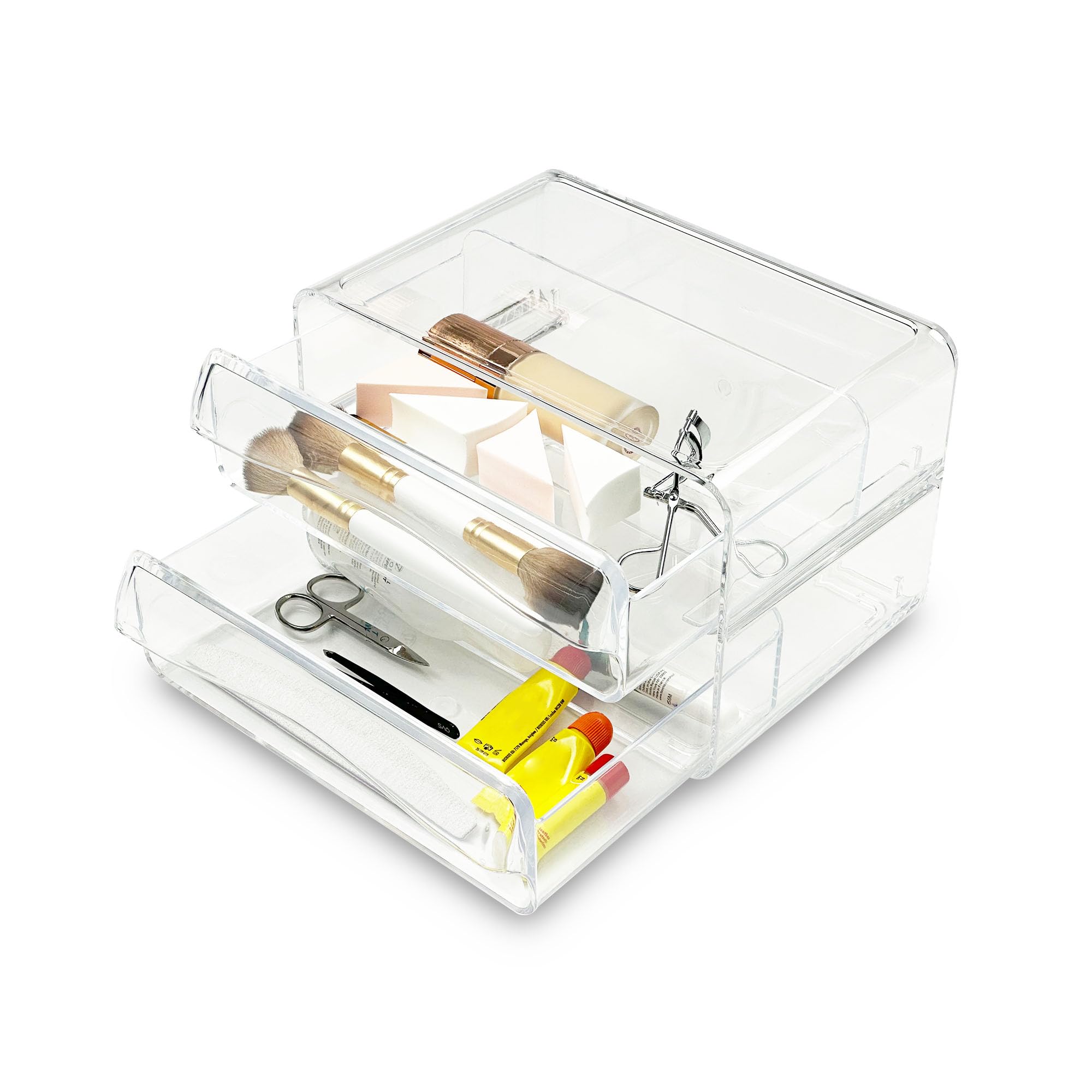 Addis 2 Pull Out Drawer Stackable Organiser Clear Acrylic Make Up Cosmetic Storage Organiser Box, Clear Acrylic