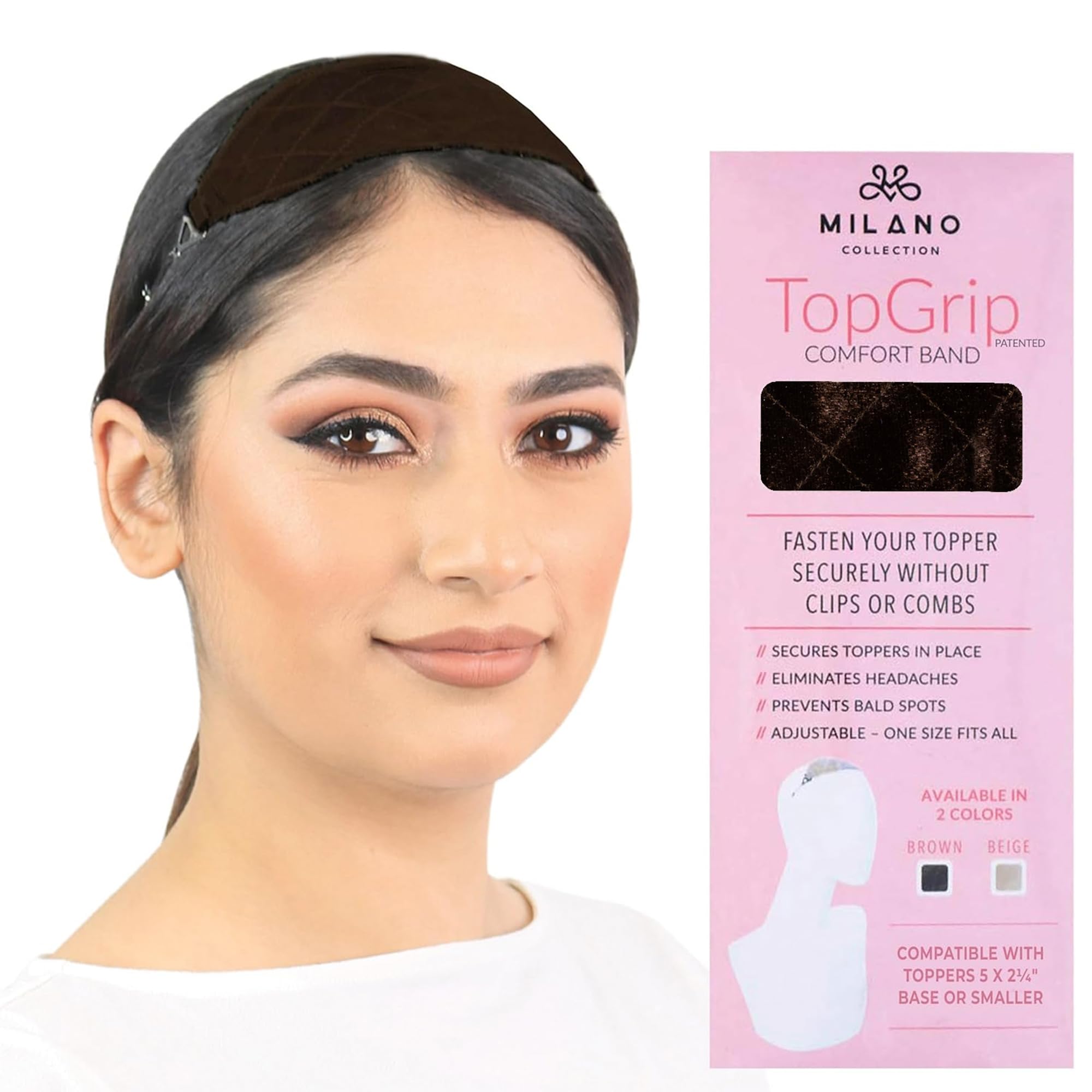 Photo 1 of MILANO COLLECTION Glueless Top Grip for Hair Topper & Wiglets, Adjustable Translucent Strap with Side Openings, Top Headband for Your Wig or Topper, Includes Clips, Brown, Small