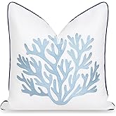 Hofdeco Premium Coastal Patio Indoor Outdoor Throw Pillow Cover Only, 20"x20" Water Repellent for Backyard, Couch, Navy Baby Blue Embroidered Sea Life Coral with Piping