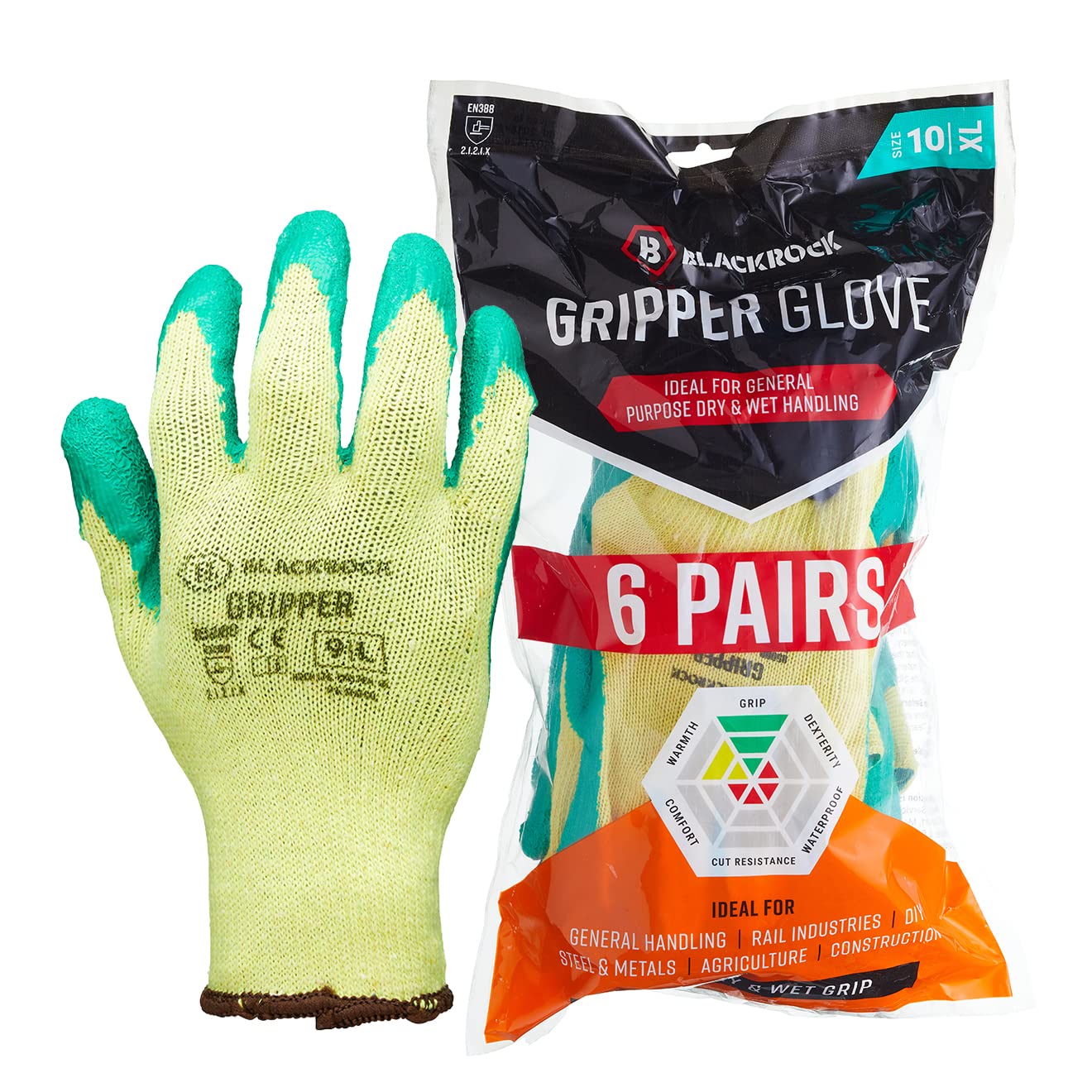 Blackrock Pack of 6 Latex Gripper Work Gloves, Gardening, Mens and Womens, Heavy Duty, Thorn Resistant, Construction, Waterproof Palm, Thick Garden Safety Gloves, DIY - Size 10/XL