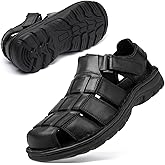 KOIMED Men's Fisherman Leather Sandals With Adjustable Back Strap Comfortable Summer Outdoor Sport Beach Hiking Casual Dress Sandles Memory Foam Closed Toe Black