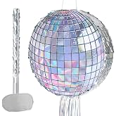 WERNNSAI Disco Ball Pi&ntilde;ata, Disco Party Decorations, Sparkle Silver | Hanging Disco Ball Decor, Pull String Pi&ntilde;ata with Blindfold Bat, Kpop Birthday Decorations, Adult Birthday Party Supplies