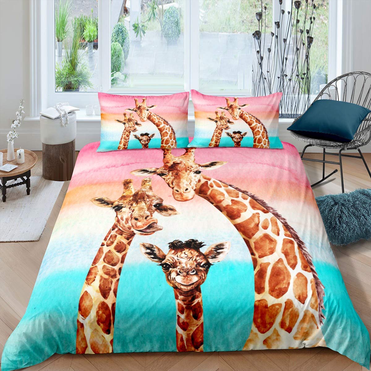 Giraffe Duvet Cover Safari Giraffe Family Bedding Set for Kids Boys Adults Youth Colorful Geometric Stripe Decor Comforter Cover Wild Animal Bedspread Cover with 2 Pillowcases 3Pcs Bedding Double — image 1