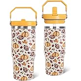 Zifmrtrwn Fall Tumbler with Handle and Straw Pumpkin Autumn Leaves Football Tumbler Insulated Stainless Steel Cup Vintage Coffee Travel Mug Fall Gifts Decor-30 oz(1PCS)