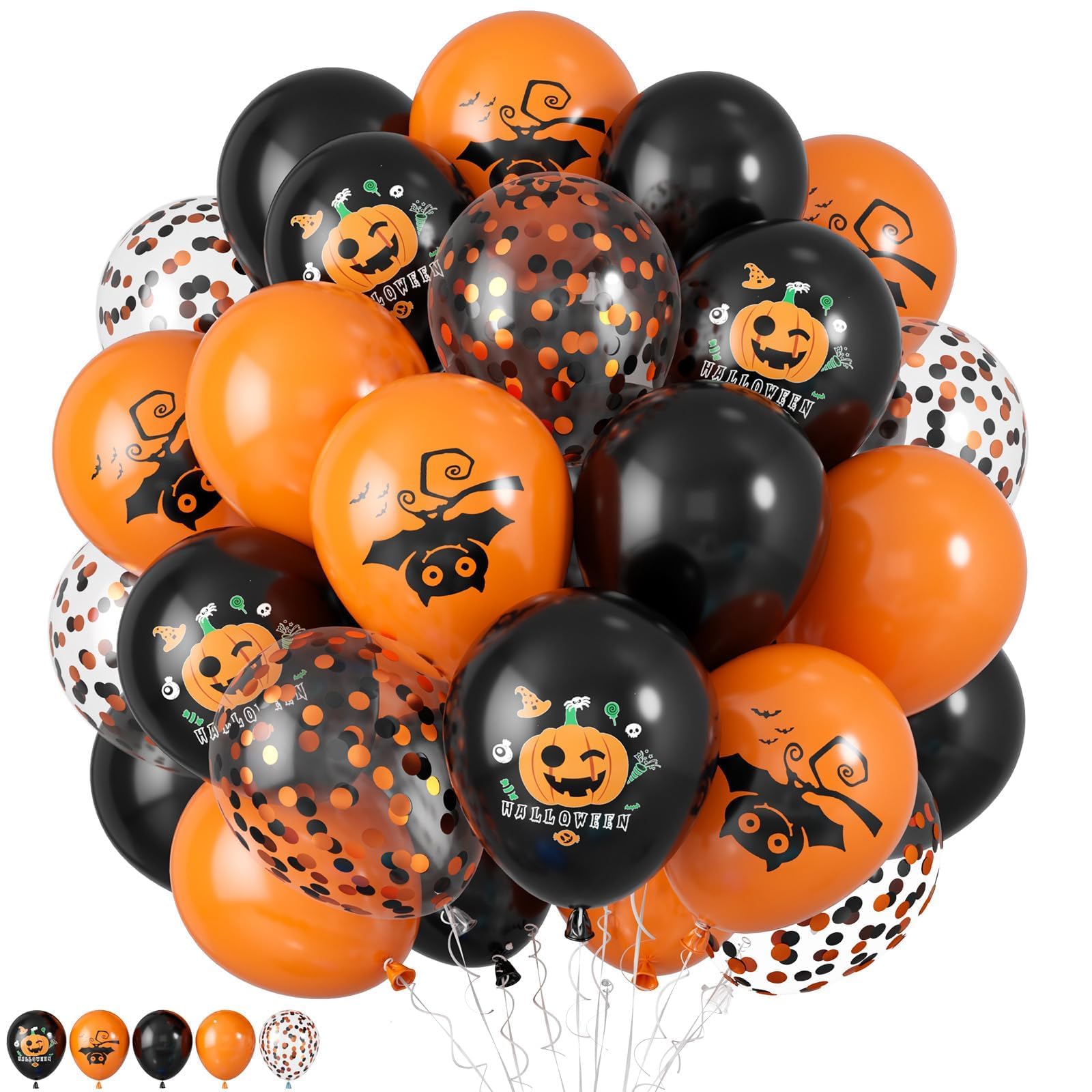 Halloween Balloons - 60 Pcs 12 Inch Orange & Black Decorative Balloons with Confetti for Birthday, Baby Shower & Halloween Party Decorations