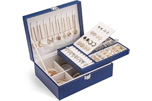 COOYUY Jewelry Box for Women Girls, 2 Layer Jewelry Organizer Smooth Leather with Lock Jewelry Storage Case Display Jewellery Holder with Removable Tray for Earring Ring Necklace Bracelets, Gift idea Blue