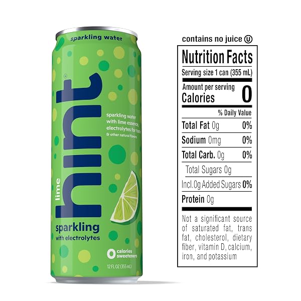 HINT SPARKLING WATER, LIME – CANNED FLAVORED WATER BEVERAGES WITH ELECTROLYTES, ZERO CALORIES, AND SUGAR FREE – 12 FL OZ CANS (PACK OF 12)