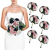 DIYDOFUN Set of 6 Bridesmaid Bouquets, 11 Inch Wedding Artificial Flower Bouquets for Wedding Ceremony Bridal Shower Decorations - Dusty Pink & Navy Blue