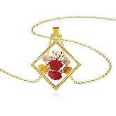 LETFLY Birth Flower Necklaces for Women, 18K Gold Plated Rhombus Shaped Handmade Floral Pendant, Pressed Flower Necklace Jewelry Gifts