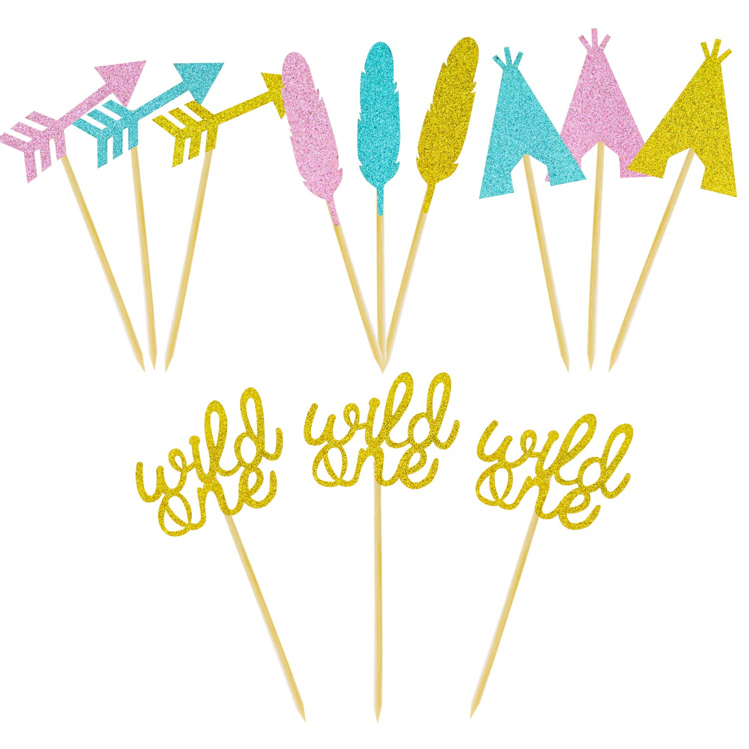 Joymee 24Pcs Wild One Cupcake Toppers Arrow Feather Teepee Cupcake Toppers for Wild One Party Boho Party Tribal Party Decorations Supplies (Wild One Cupcake Toppers)