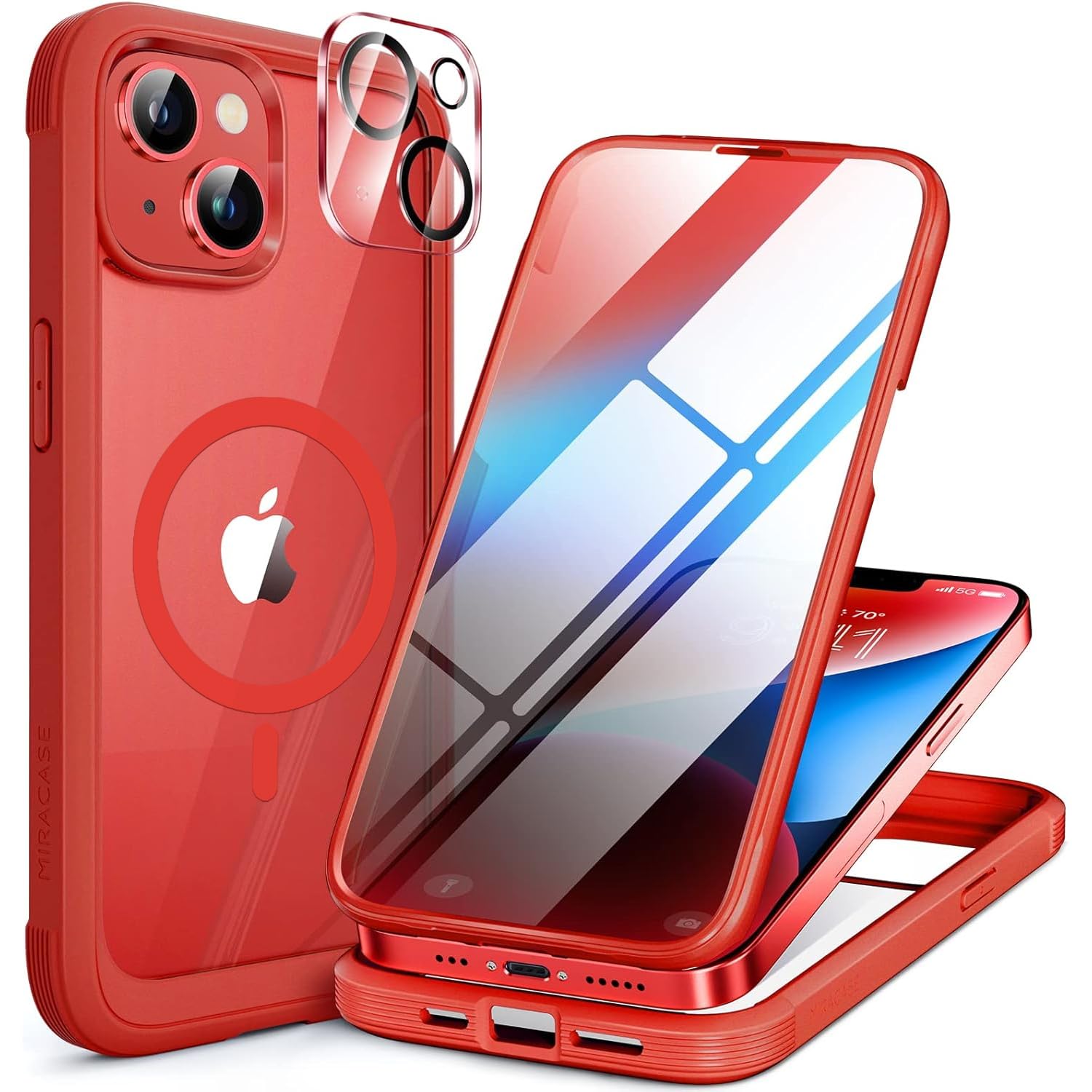 Photo 1 of Miracase Magnetic for iPhone 14 Case 6.1", [Built-in Tempered Glass Screen Protector + Lens Protector] [Compatible with MagSafe] Full-Body Protective Bumper 14 Phone Cover, Red
