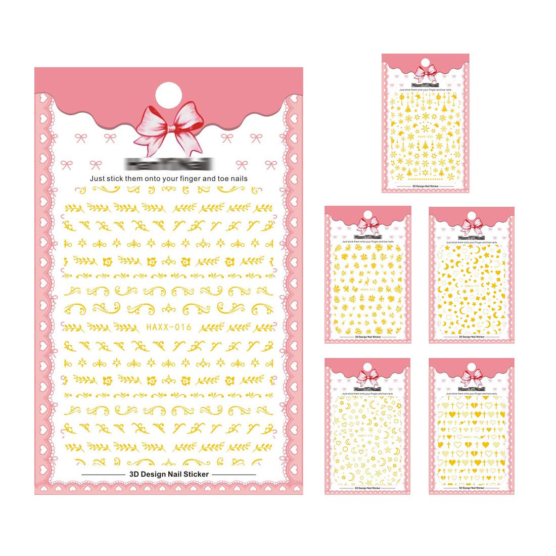 Jutao Nail Art Stickers for Women/Kids Big 3D Gold Flower Self-adhesive Nail Decals Sets of 6 (Golden)