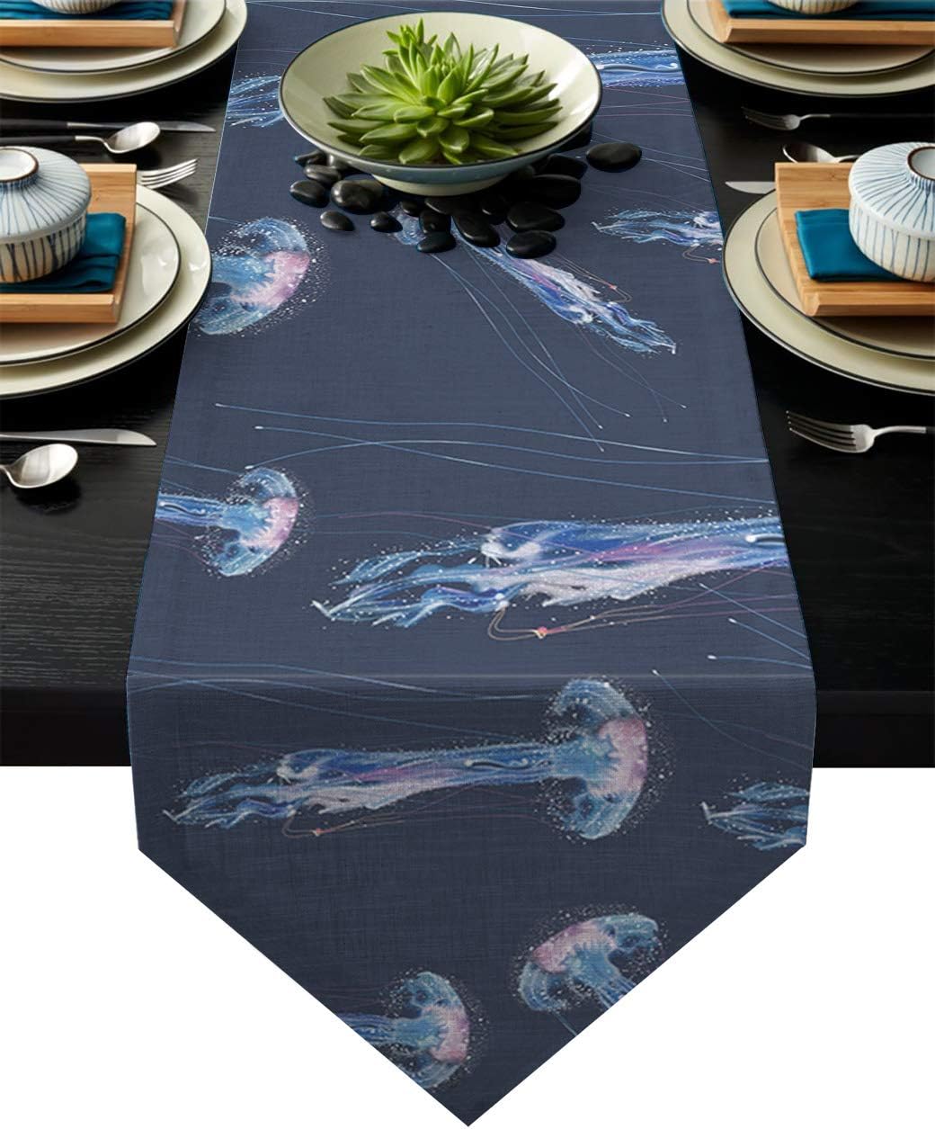 Fandim Fly Table Runner Sea Ocean Creature Aquatic Animals Jellyfish Watercolor Graphic Table Runners for Catering Events, Dinner Parties, Wedding, Indoor and Outdoor Parties, 16 x 72 Inch