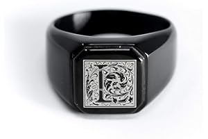 Tioneer Jewelry | Stainless Steel Letter Alphabet Initial Ring | Square Flat Top Ring for Men & Women | Stainless Steel Jewelry, (Black, Gold, Silver), Size 7-16