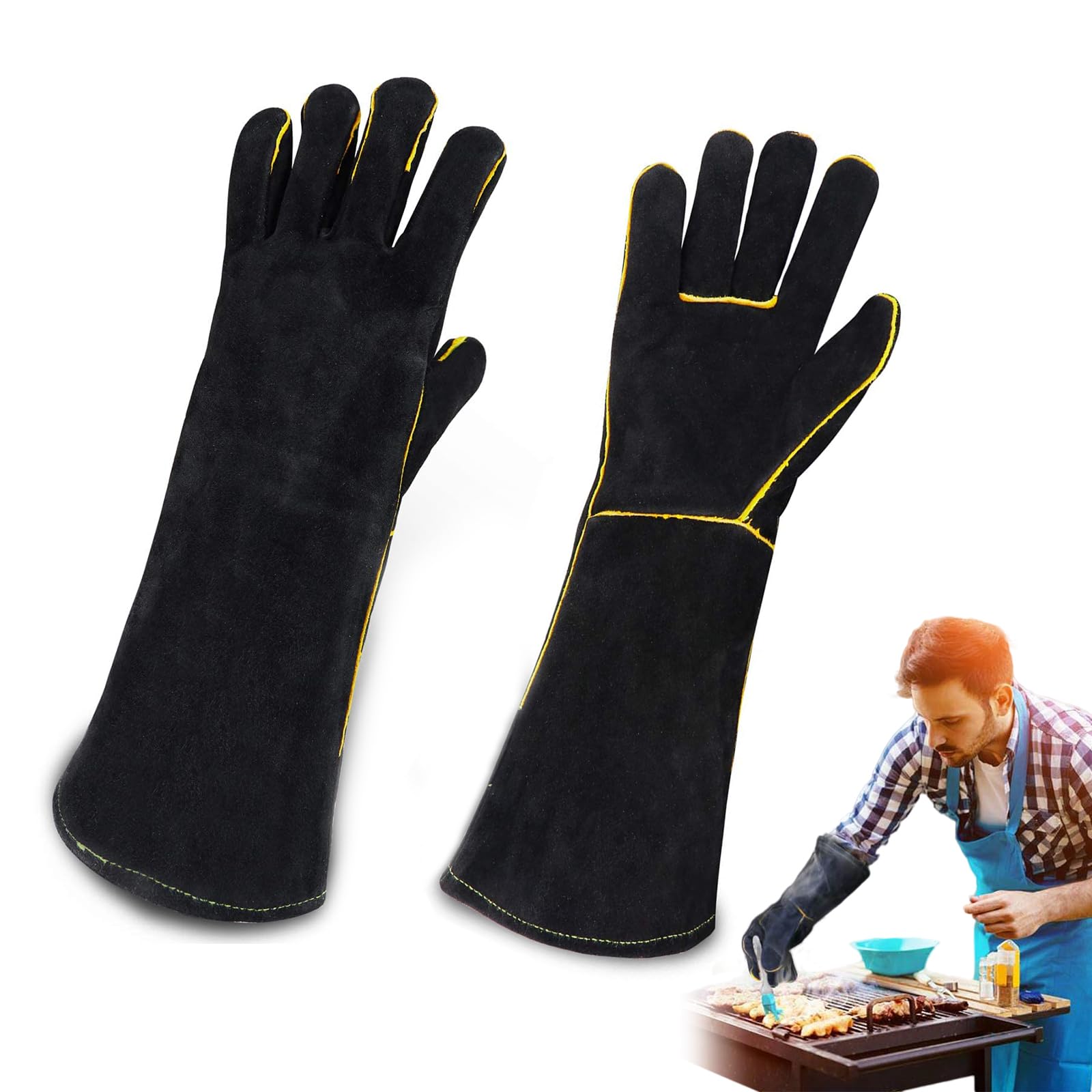 Fire Gloves for Wood Burners - Fireproof Leather BBQ Gloves, Heat Resistant Mitts for Barbecue, Welding, Fireplace, Large Glove for Oven, Baking, Stove, Pot Holder and Animal Handling