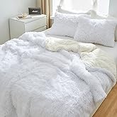 Flysheep Luxury Faux Fur Full/Queen Size Winter Comforter Set Shaggy Velvet Pure White Long Hair, 3 Pieces Plush Flannel Sherpa Backing Reversible Soft Microfiber Super Warm Bedding Set for Holiday