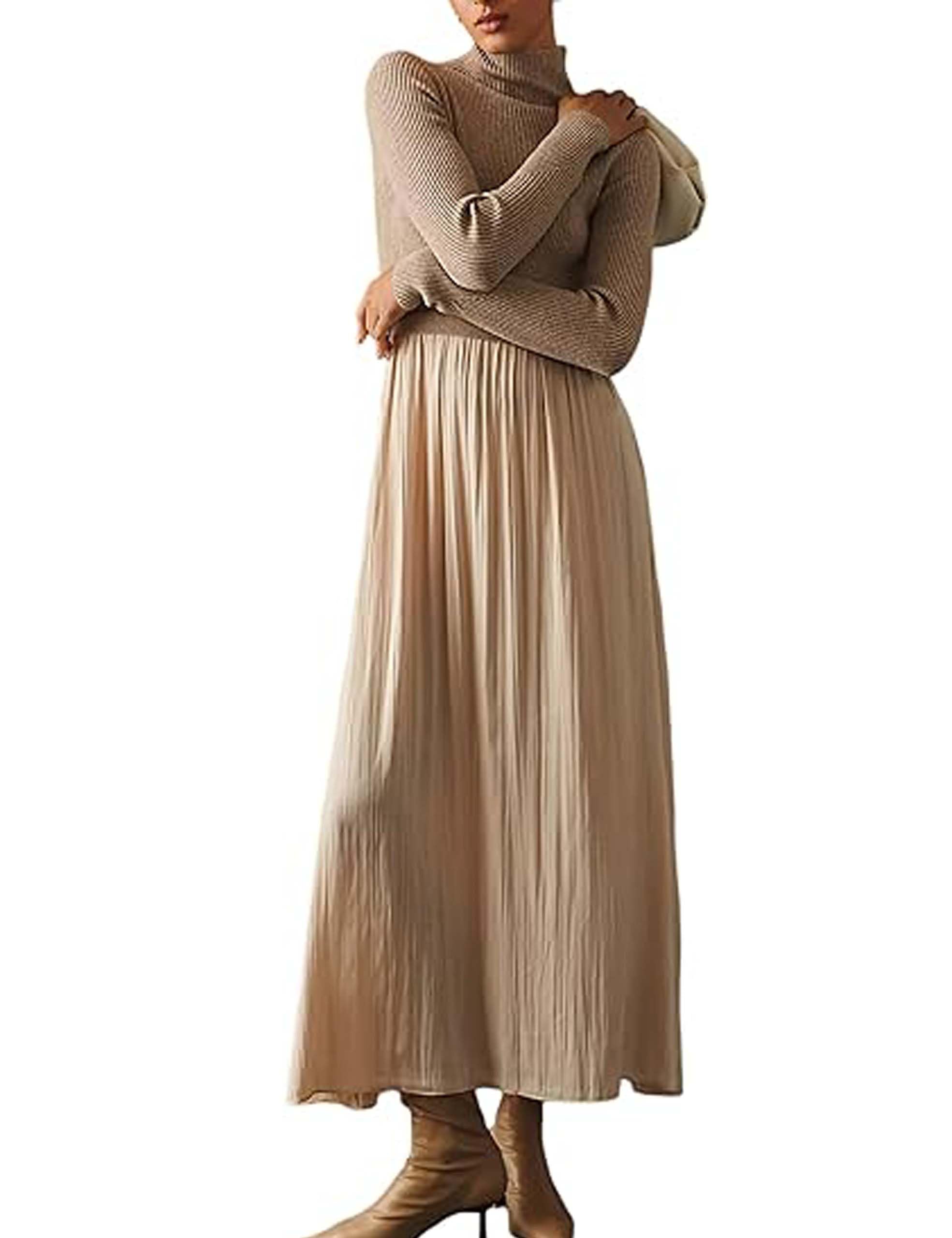 Photo 1 of Lauweion Women's Turtleneck Sweater Maxi Dress Long Sleeve Slim Fit Ribbed Knit Pullover Jumper Top Fall Flowy Long Dresses Khaki
