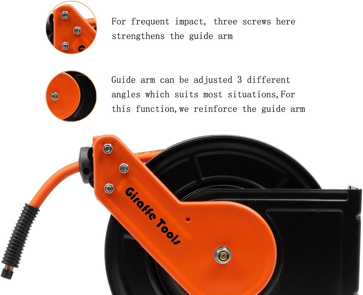Giraffe Retractable Air-Hose-Reel with 3/8 in. x 50 Ft Hybrid Air Hose, Auto Rewind Pneumatic Hose Reel, 300PSI Heavy Duty Steel-Reel - - 