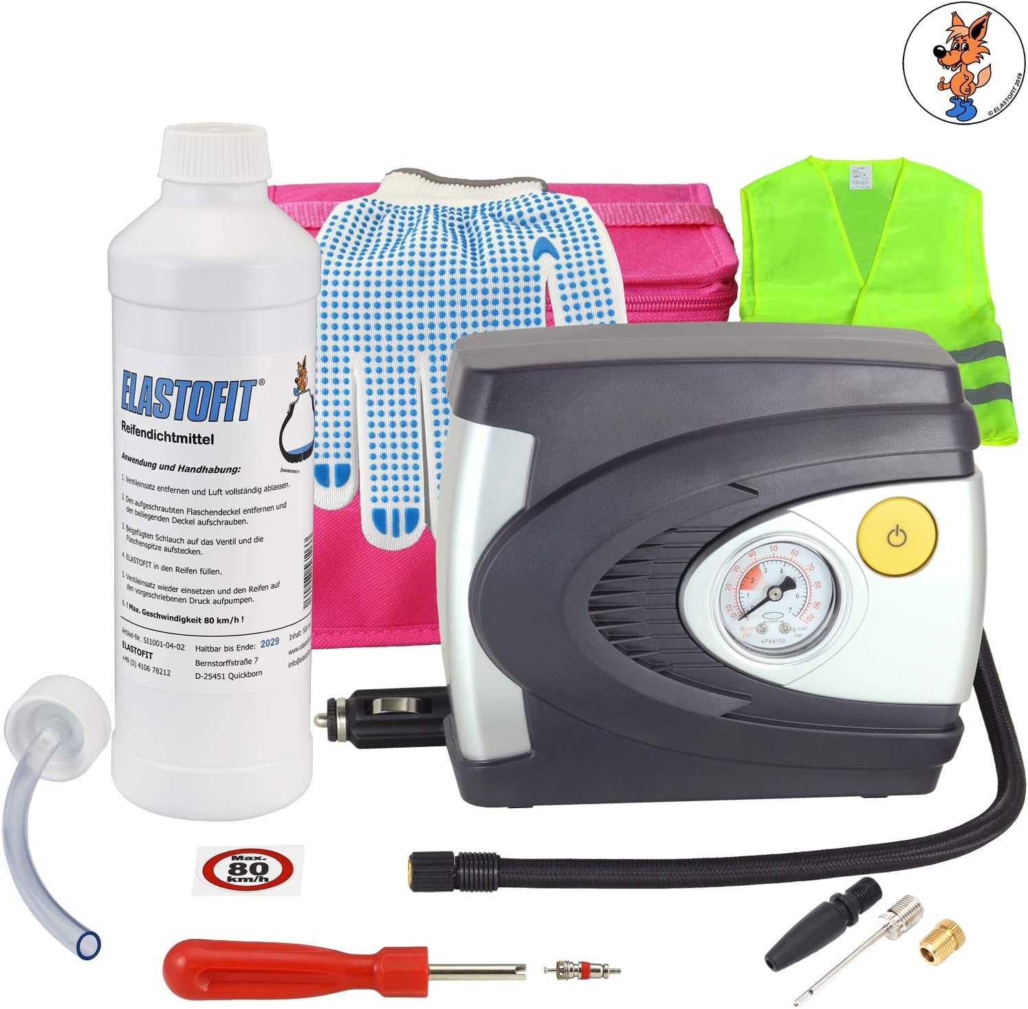 Elastofit Tyre Repair Set/12 V Air Compressor/Tyre Sealant 10 Years