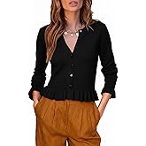 YUNLORIA Womens Ruffle Cardigan Sweaters Fashion Long Sleeve Button Down Knit Peplum Cardigan Tops