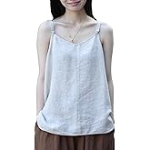 100% Linen Tank Top for Women - Adjustable Strap Camisole V-Neck Sleeveless Cami Shirt Loose Fit Summer Top