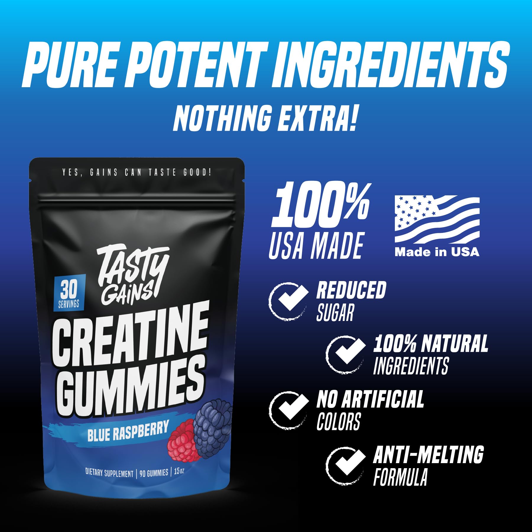 TASTY GAINS Creatine Gummies - 90g of Creatine Monohydrate - Workout Supplements - Build Muscle & Boost Strength for Men & Women - Made in USA - Non GMO - Vegan Friendly (Large, Blue Raspberry)