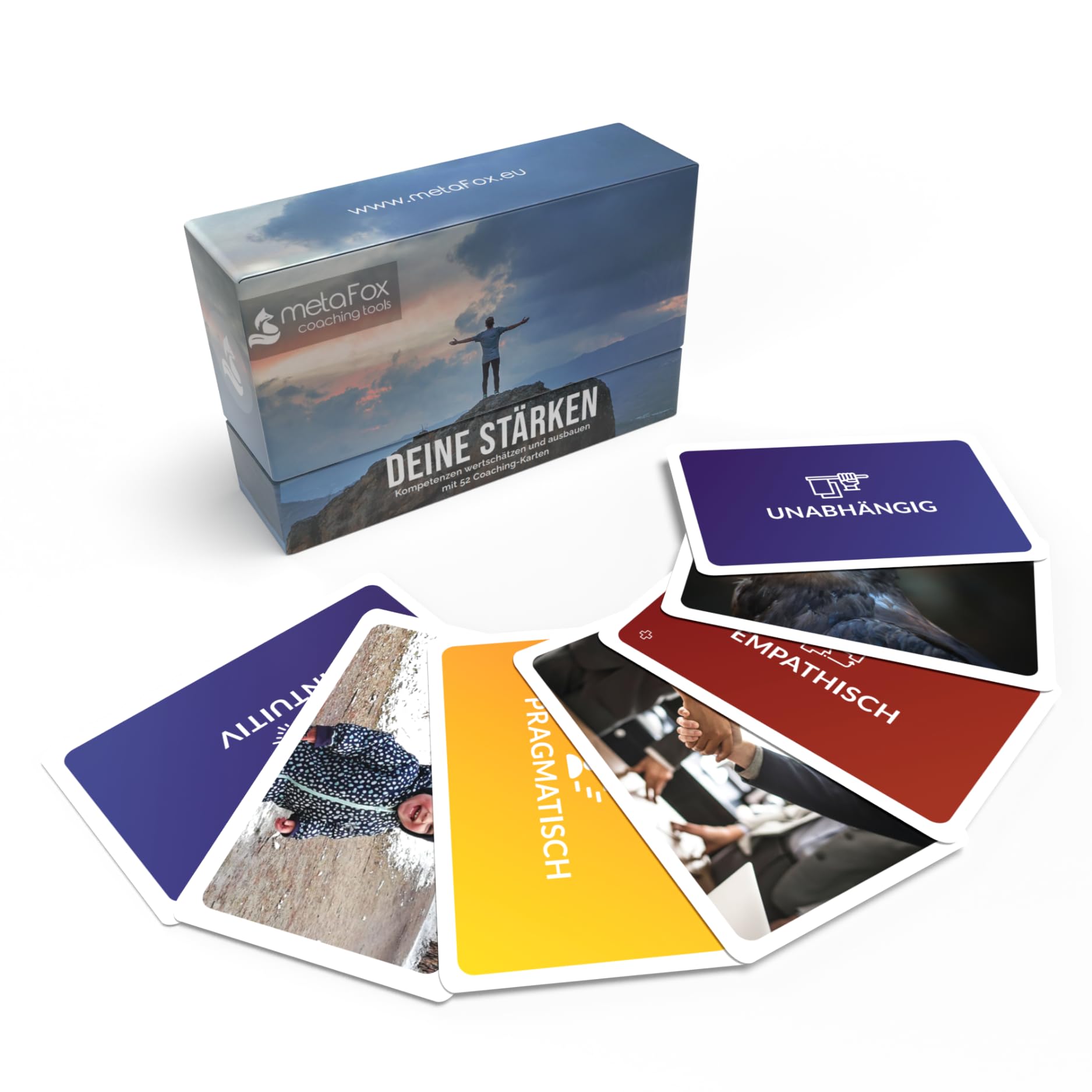 metaFox Deine Stärken | 52 Stärkenkarten für Coaching, Workshops & Teambuilding | Hochwertige Coachingkarten mit Stärken, Symbolen und Bildern, kompaktes Format und stabile Verarbeitung