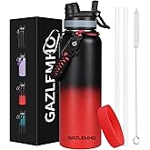GAZLEMHO 40 oz Insulated Water Bottle with Straw& Spout 2-in-1 Lid, Triple Wall Vacuum Stainless Steel Cold 48H, Leak Proof Sports Metal Flask Jug with Paracord Handle, Black Red