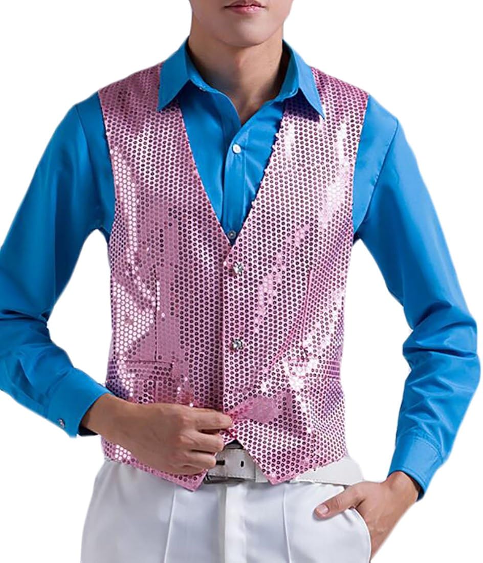 JXGMen Casual Sequin Vest Slim 3 Button Single Breasted Waistcoat Pink Amazon.co.uk Clothing