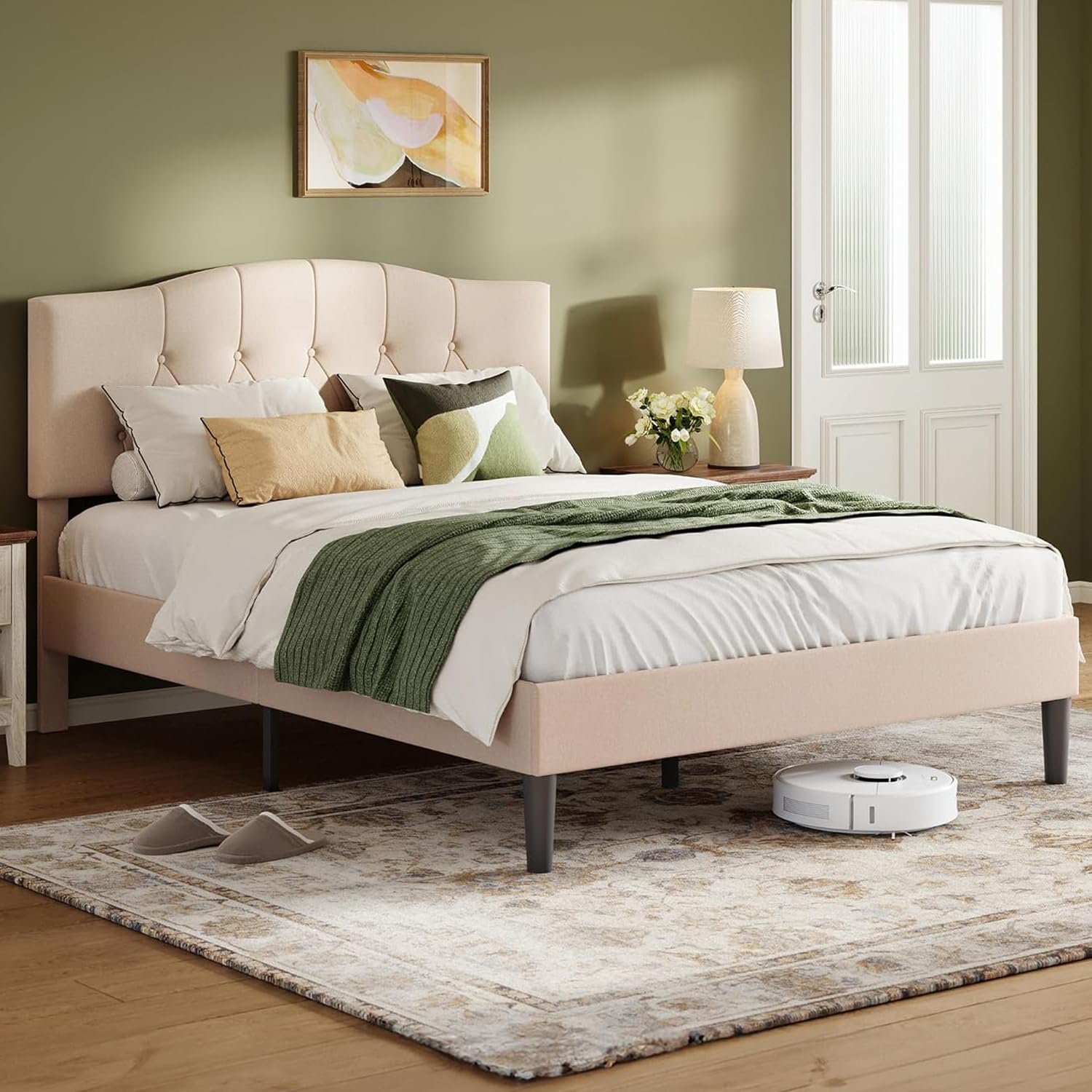 LINSY Full Size Bed Frame, Linen Upholstered Platform Bed Frame with ...