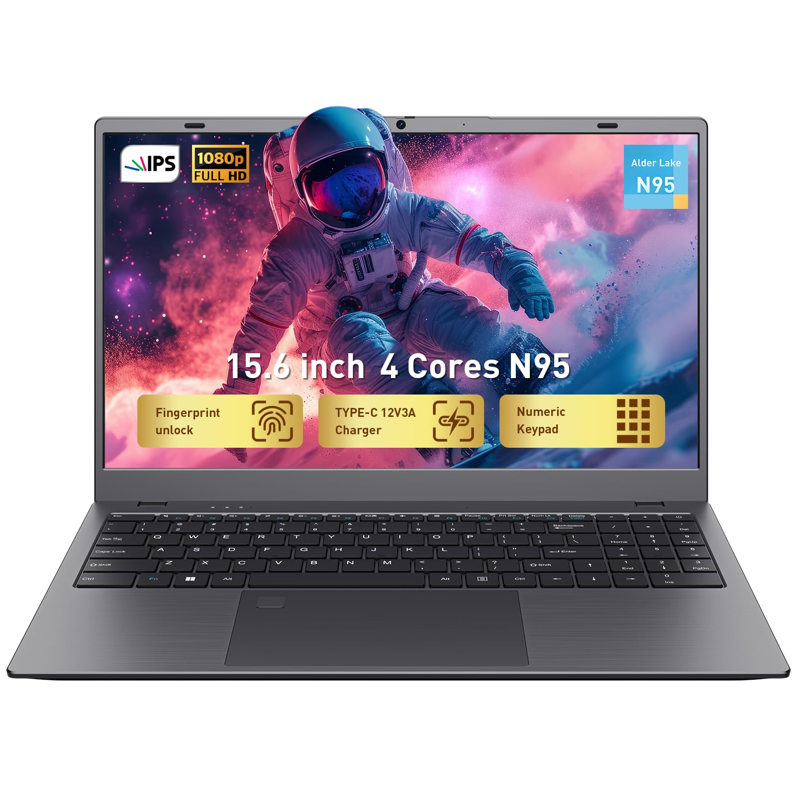 Photo 1 of 15.6" FHD IPS Laptop Computer-12GB RAM 256GB SSD 4-Core N95 (Beats 6500Y,8100Y) Notebook with Fingerprint, Numeric Keypad, Dual Type-C for Business Work, School Online Class, Daily Use -WiFi 5, BT5.0