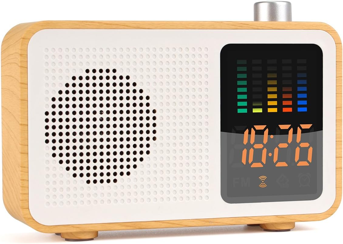 YSEECHENS Portable Bluetooth Speaker Retro FM Radio with Alarm Clock Stereo Wireless Speakers Support TF Card/AUX-in Colorful Spectrum Display (Maple Wood)