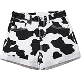 WDIRARA Girl's Cow Print High Waist Button Wide Leg Denim Shorts Casual Shorts