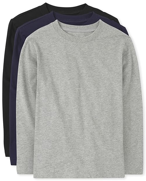 The Children's Place boys Long Sleeve Basic Layering T-shirt T Shirt, Black/Tidal/H Gray 3 Pack, X-Large US