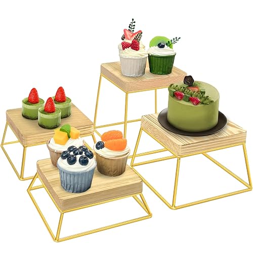 Gold. Retail Risers HZE Set of 4 Wood Buffet Risers, Wood & Gold Metal Wire Retail Food ...