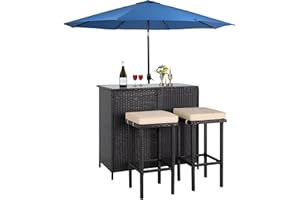 CROWNLAND 3-Piece Wicker Outdoor Furniture Bar Set, 2 Stools and 1 Glass Top Table, Large-Capacity Storage Space Brown Wicker Patio Bar Table with 9Ft Blue Round Patio Umbrella