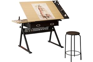 MILLELOOM Height Adjustable Drafting Table, 0-75° Tilting Drawing Table Art Desk for Adults, Artist Desk with 2 Storage Drawers, Watercolor Paintings Sketching Workstation with Stool for Home Office