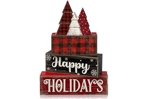 Moucuny 4 Pcs Christmas Table Decor Wooden Tree Decoration Christmas Centerpiece Winter Tiered Tray Decor Decorative Red and Black Buffalo Plaid Block Signs Gift Farmhouse Xmas Decoration for Kitchen