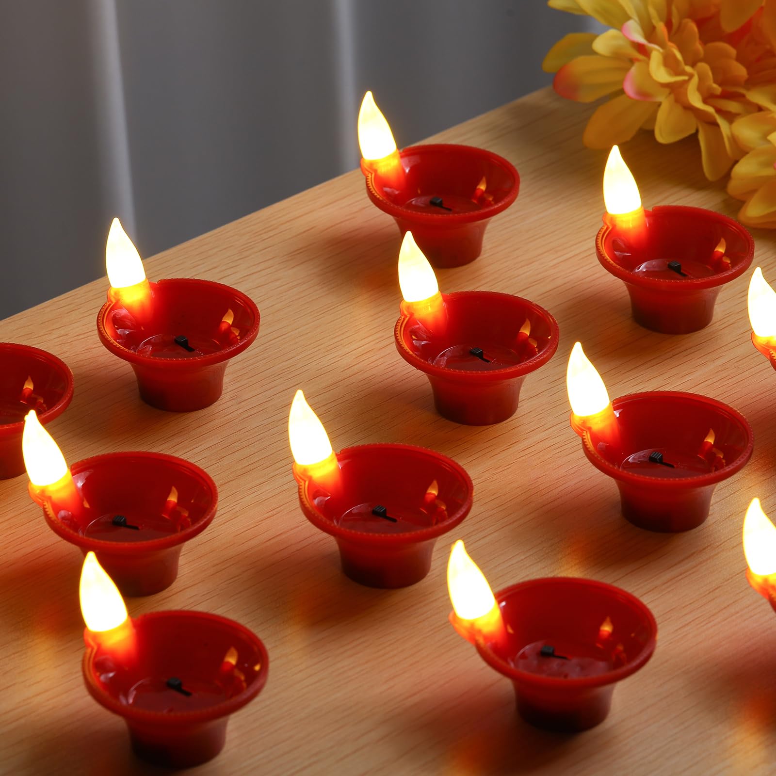 Photo 1 of Rossesay 48 Pcs Lotus Flameless Candle Diwali Decor Diwali Diyas for Decoration Gifts LED Candle Diyas Battery Plastic Tea Festival Home Decoration for Indoor Floor (Red)