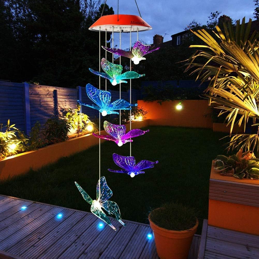 Six Foxes Butterfly Solar Wind Chimes, Wind Chimes Outdoor with Color Changing LED Mobile Patio Lights, Romantic Décor for Garden Yard Home, Gifts for Mom, Wife, Grandma