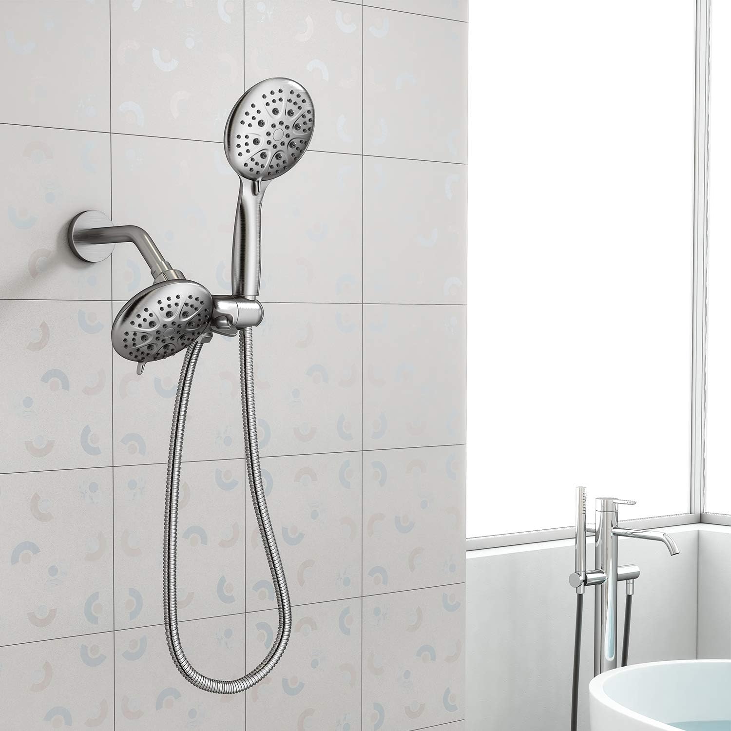 Homelody 5" High Pressure Shower Head and Handheld Shower, Brushed Nickel Dual Shower System 6-Settings Unique 3-Way Water Diverter with Stainless Steel Hose - - 