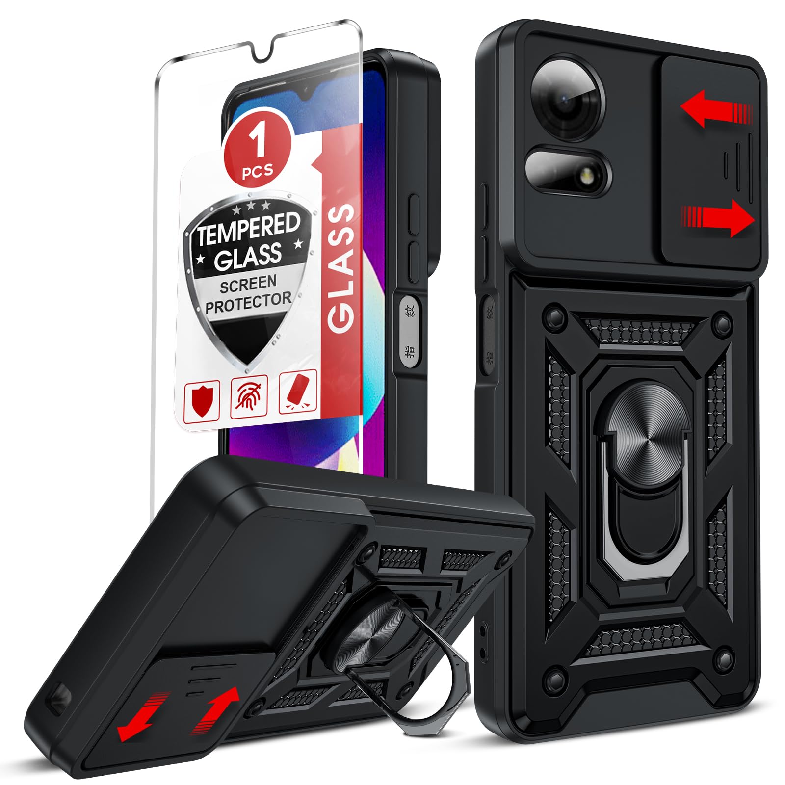 Photo 1 of LeYi for TCL 50 LE-Phone Case 4G: with Slide Camera Cover+Glass Screen Protector, Military-Grade Shockproof Cell Unlocked Phone Cover Funda para with Magnetic Ring Holder Stand for TCL 50 LE, Black