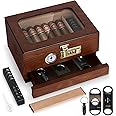 Tesonway Cigar Humidor, Cedar Wood Humidor Cigar Box, Glass Top Desktop Humidor with Front Hygrometer, Humidifier, Divider, Accessories Drawer and Combination Lock, Cigar Gifts for Men (Brown)