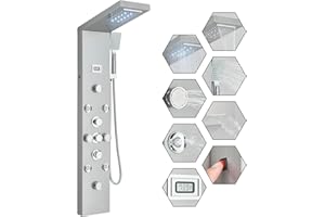 FUZMONOERE FUZ Shower Panel Tower System, Stainless Steel 6 IN 1 Shower Panel System with LED Fancy Rain Shower Head and Handheld, Adujstable Rainfall Massage Body Jets and Tub Spout, Brushed Nickel Shower Tower