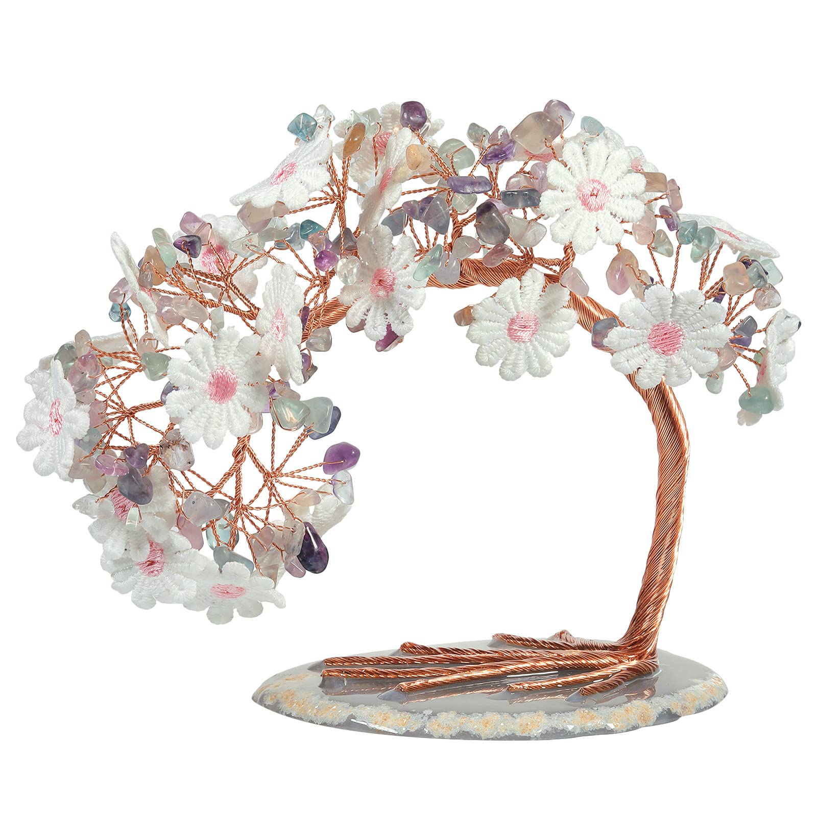 Nupuyai Fluorite Flower Crystal Money Tree with Agate Slice Base, Good Luck Fengshui Figurine Healing Stone Tree Ornament for Home Office Wedding Decor