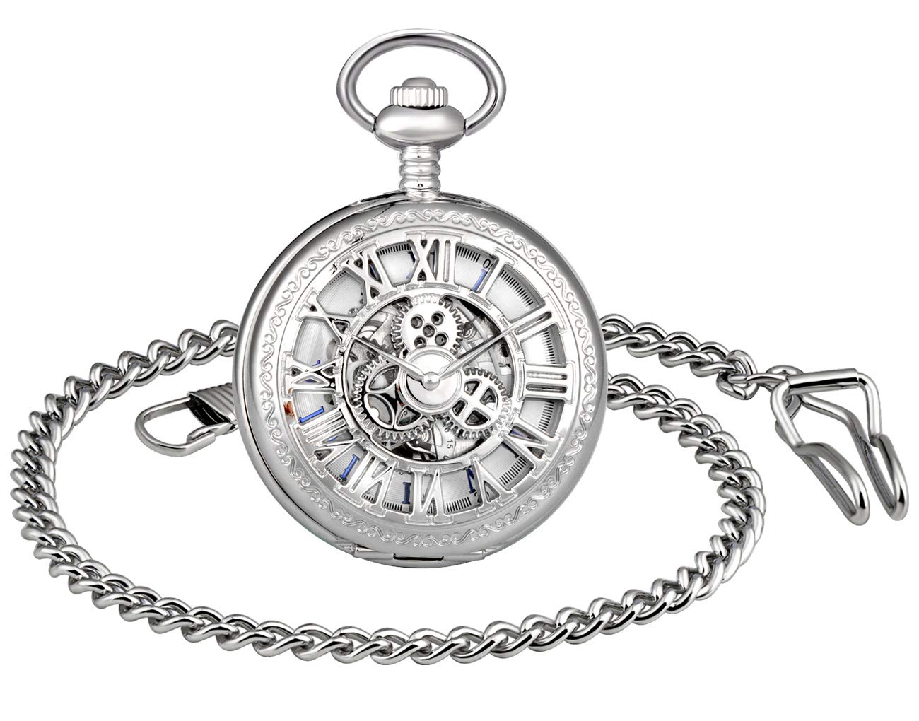 MICGIGI-Unisex Mechanical Hand-Wind Pocket Watch Gear Skeleton Pocket Fob Watches with Chain