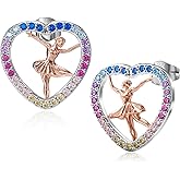 Gemtailor Ballerina Earrings 925 Sterling Silver Dancer Jewelry Rainbow Heart Dance Hypoallergenic Earrings for Ballet Recital Dancer Women