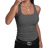 GEMBERA Womens Ribbed Knit Square Neck Racerback Sleeveless Fitted Basic Work Out Tank Top Shirt