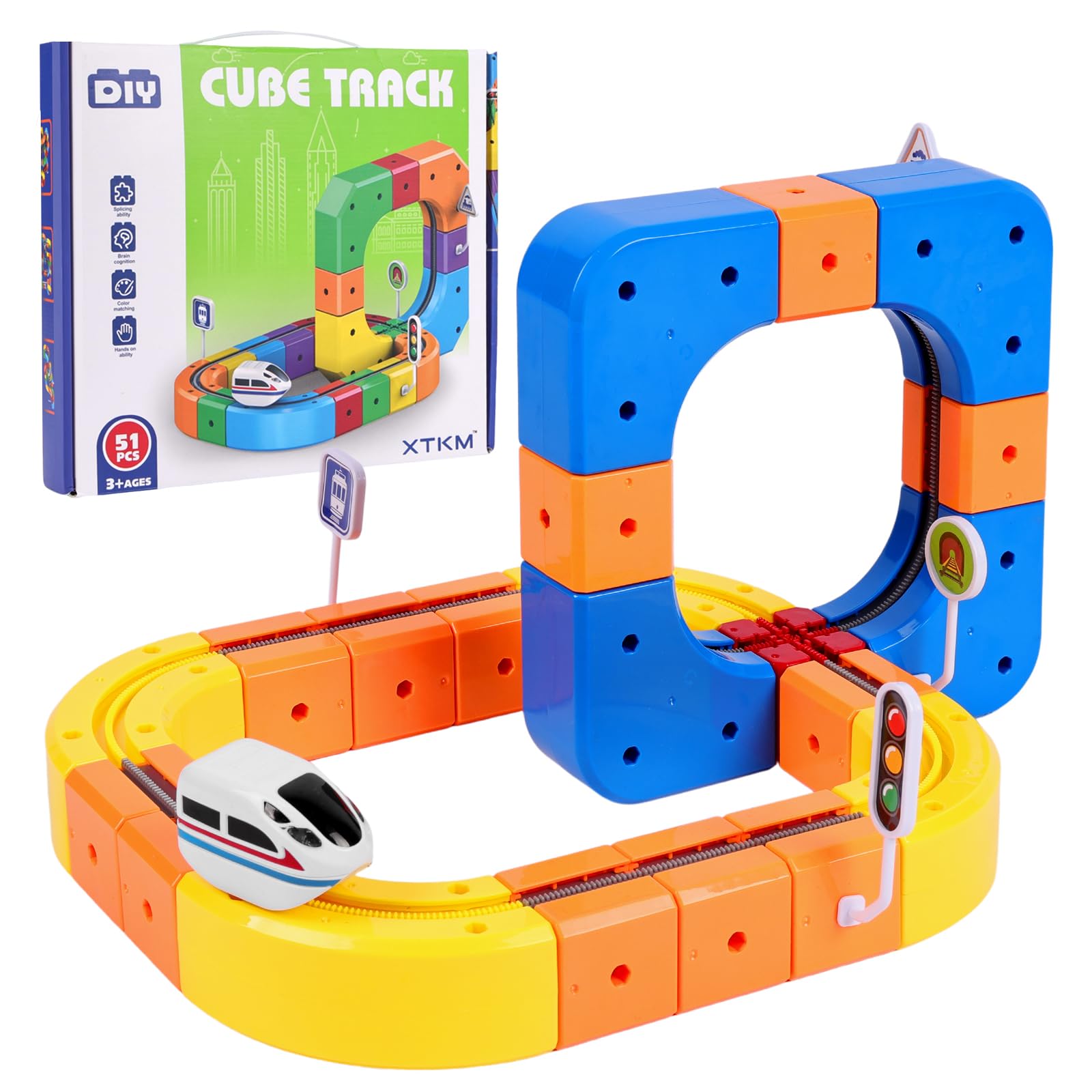 AOOSA 51pcs Electric Train Set, Magic Rail Cube Train Set, with Gravity-Defying Motorized Train, Traffic Signs, 3D Embedded Layouts Train Track Set, Birthday Gifts for Boys & Girls Age 3+