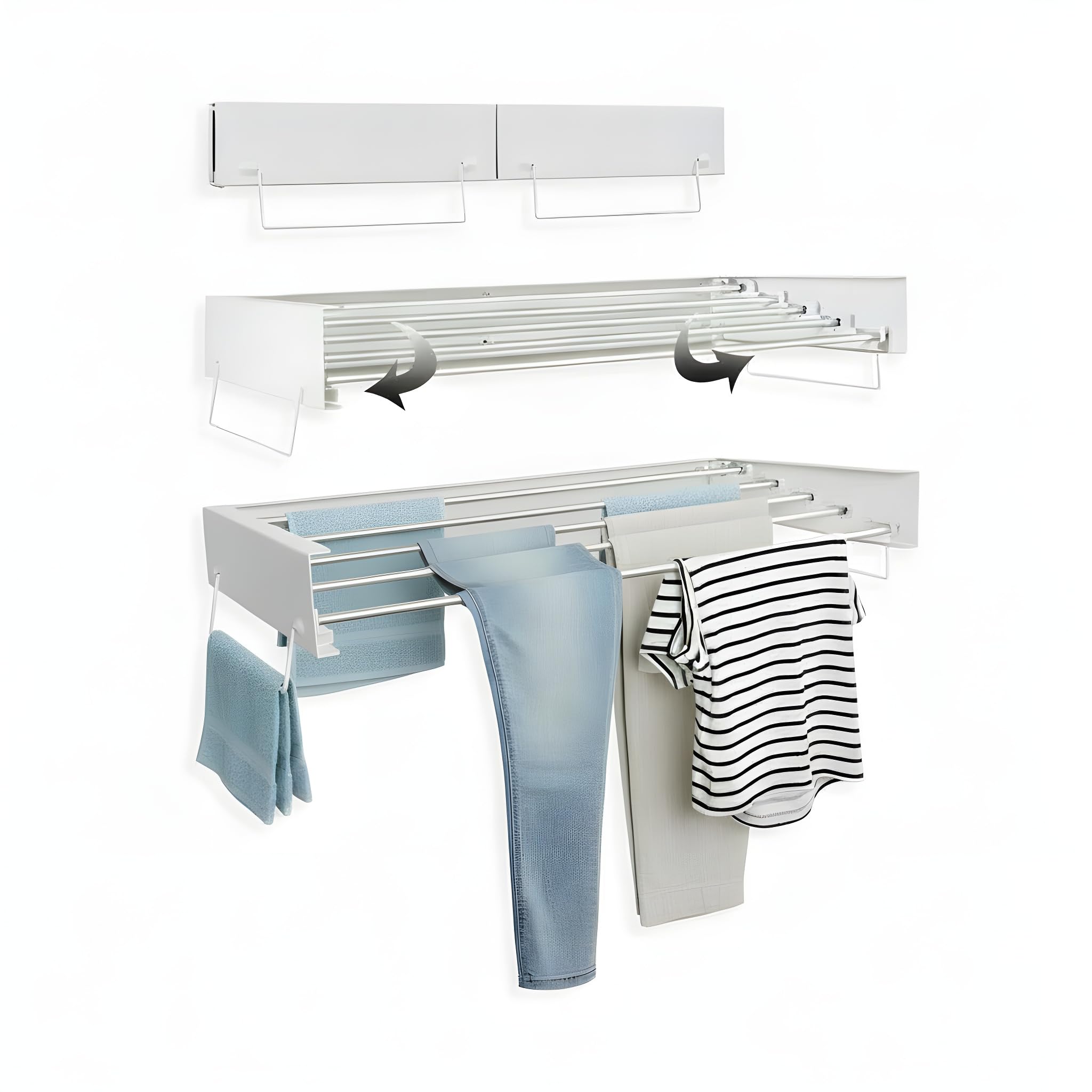 Zentuary Home Wall Mounted Clothes Airer – 80cm Space Saving Retractable Clothes Drying Rack with Built-In Towel Rails – Includes Plasterboard Wall Plugs & Screws – Indoor/Outdoor Laundry Dryer